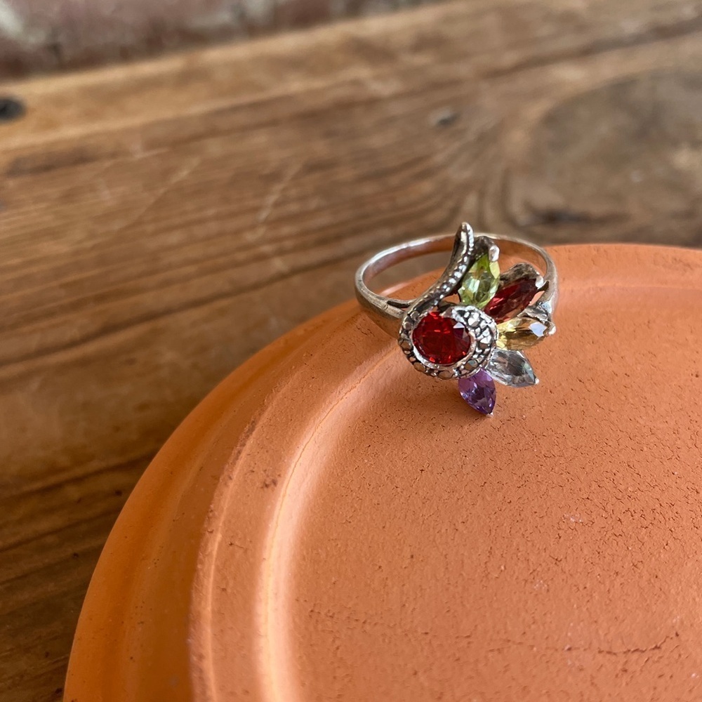 Vintage 925 Sterling Silver Multicolor Gemstone Ring